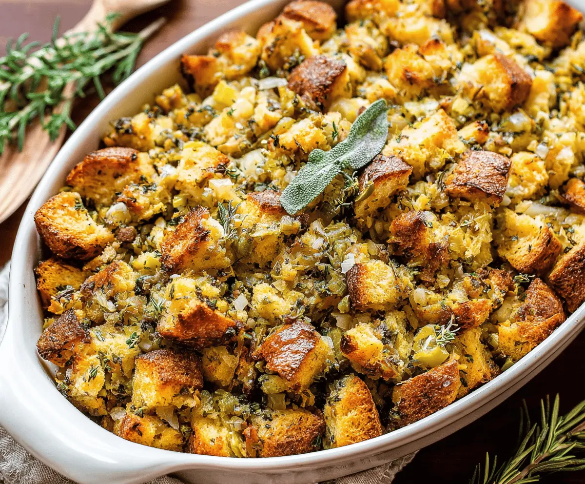Bowl of classic Thanksgiving stuffing made with bread, herbs, and vegetables.