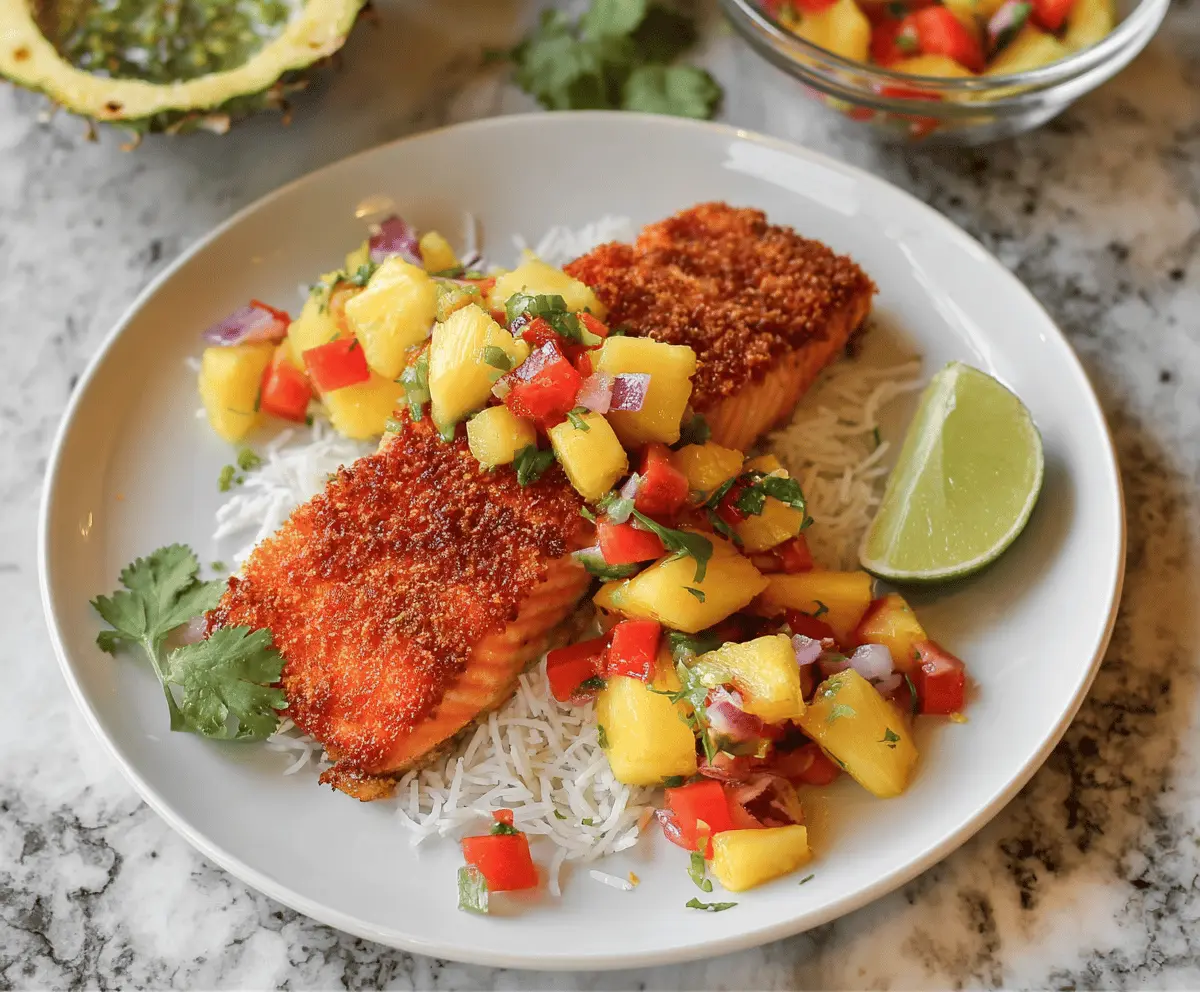 Delicious tropical coconut crusted salmon topped with vibrant pineapple salsa, served on a white plate for a flavorful seafood dish