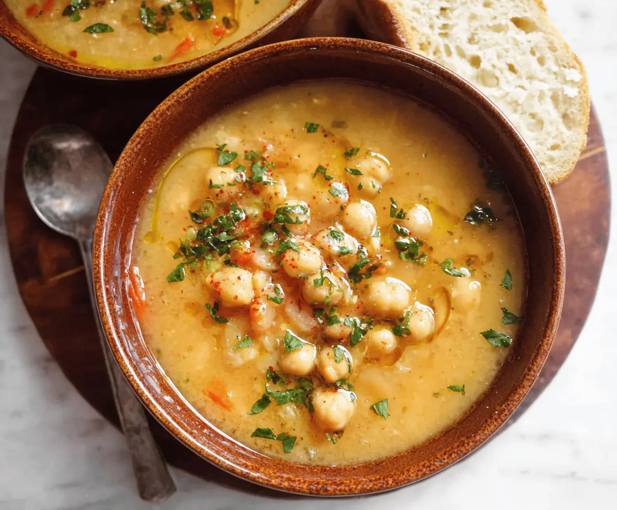 Creamy vegan garlic chickpea soup garnished with fresh herbs in a bowl, served with bread on a rustic table.