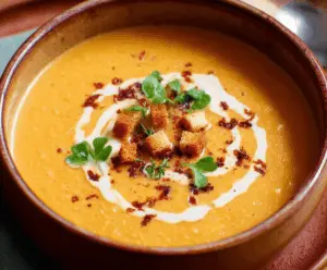 Creamy vegan sweet potato soup garnished with fresh herbs in a rustic bowl, perfect for a cozy meal.