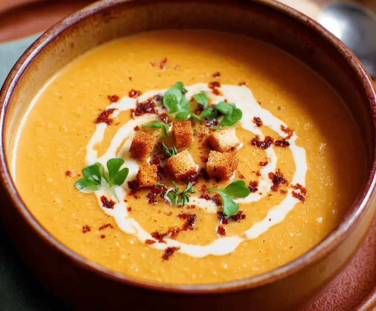 Creamy vegan sweet potato soup garnished with fresh herbs in a rustic bowl, perfect for a cozy meal.
