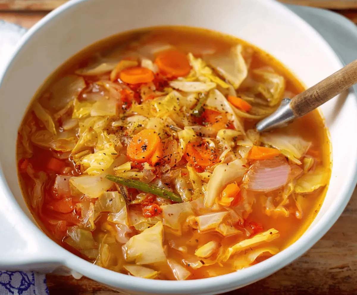 Healthy Weight Watchers Cabbage Soup in a bowl with fresh vegetables and herbs