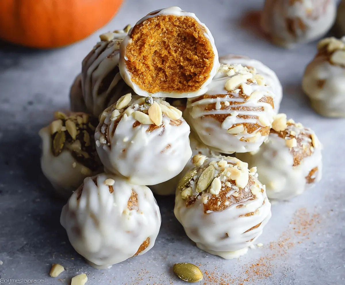 Delicious white chocolate pumpkin protein balls on a white plate, perfect healthy snack with fall-inspired flavors