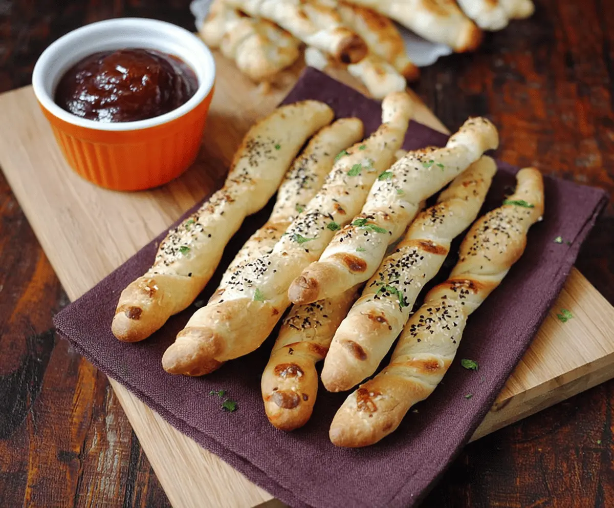 Bowl of creepy Witch Finger Breadsticks with almond fingernails and red sauce for Halloween party treats