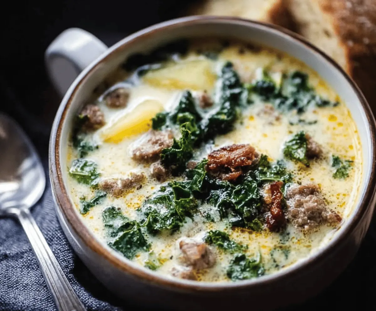 Creamy Zuppa Toscana soup featuring sausage, kale, potatoes, and a rich broth served in a bowl