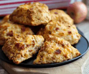 Delicious Apple Cheddar Bacon Scones with golden crust on a rustic wooden board.