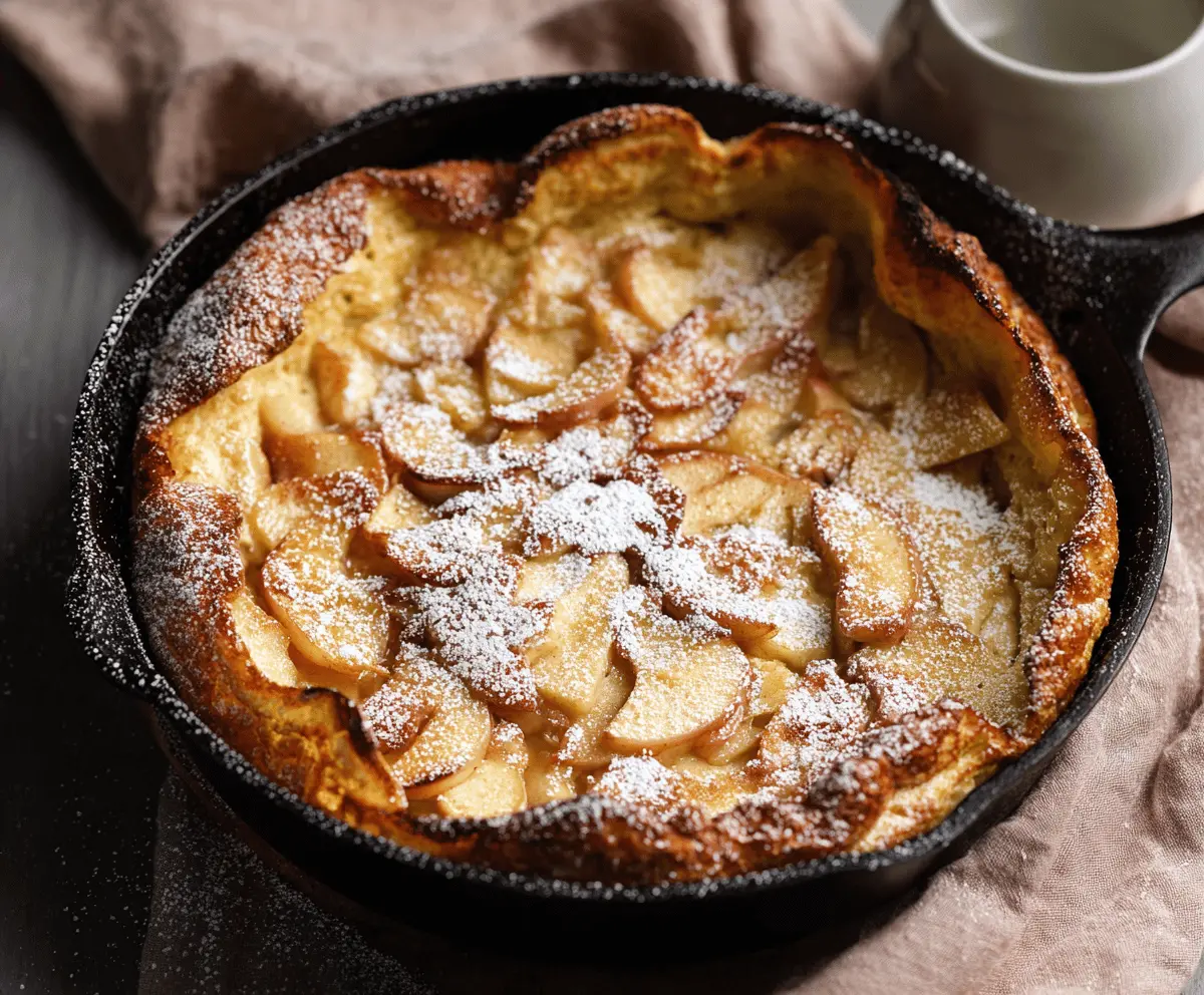 Delicious Apple Cinnamon German Pancake served on a plate, topped with fresh apple slices and cinnamon sprinkle.