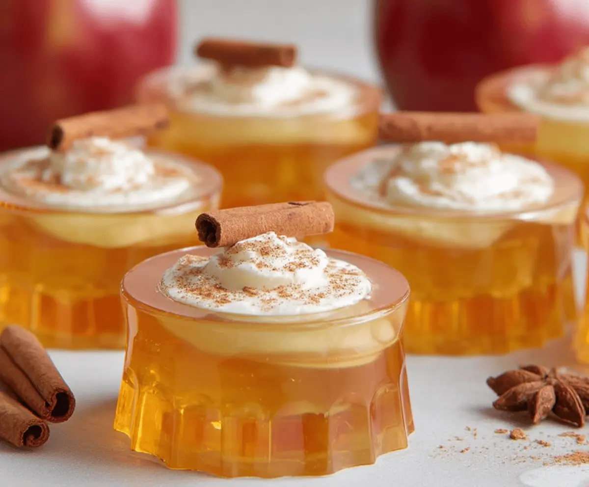 Delicious Apple Pie Jello Shots with a festive presentation and apple slices on top