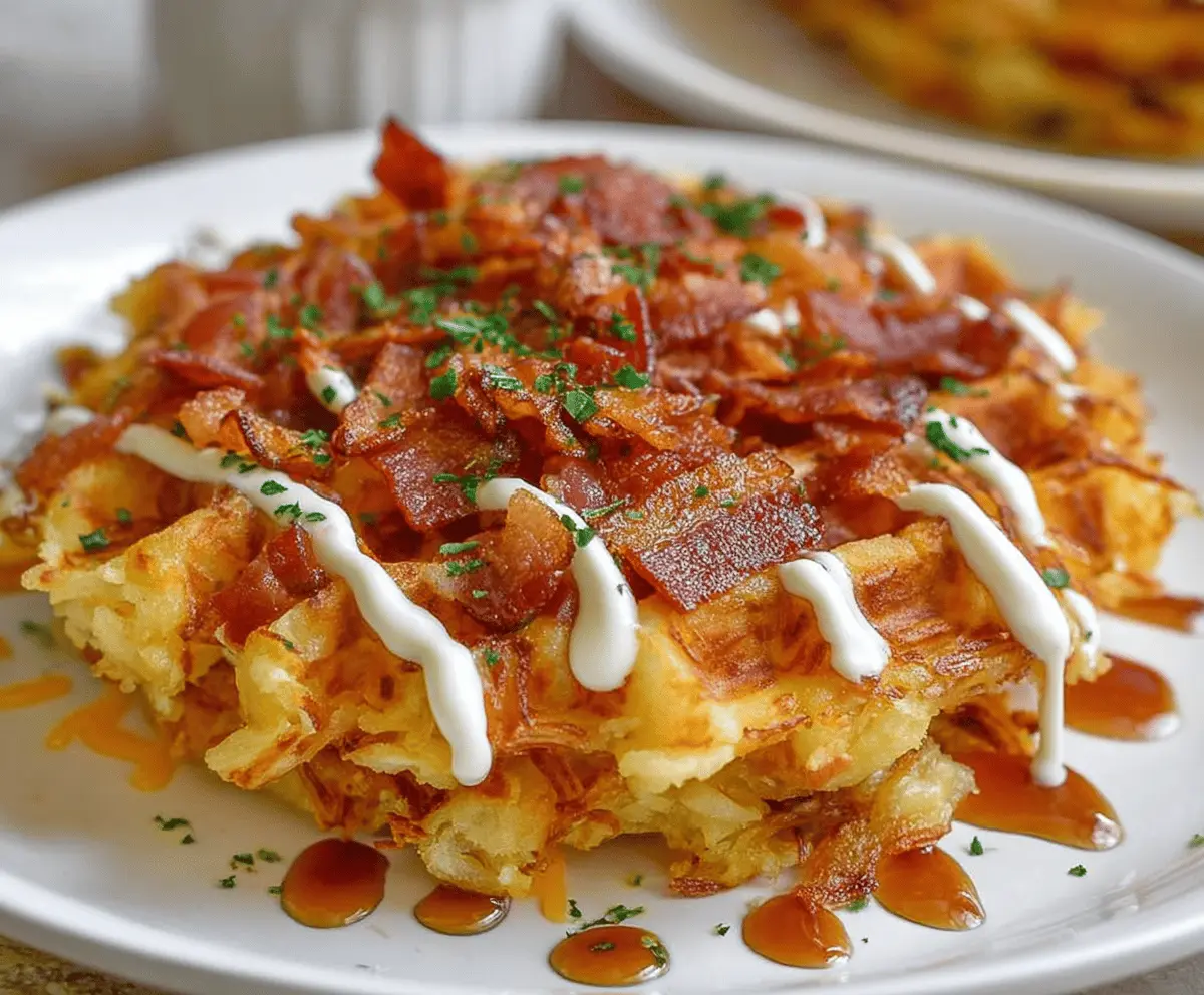 Crispy bacon and melted cheese on loaded hash brown waffles, perfect for breakfast or brunch.