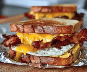 Delicious bacon and egg breakfast sandwich with toasted bread and fresh ingredients.