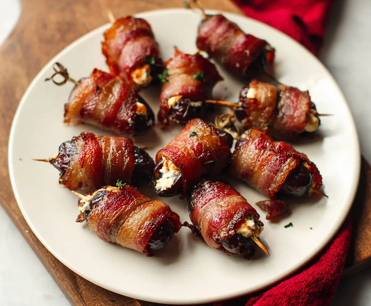 Close-up of bacon-wrapped dates filled with creamy goat cheese, perfect appetizer bite.