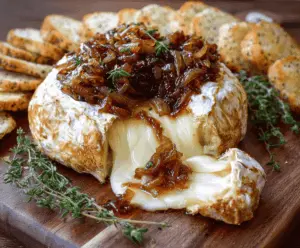 Delicious baked Brie topped with sweet caramelized onions, perfect as an appetizer.