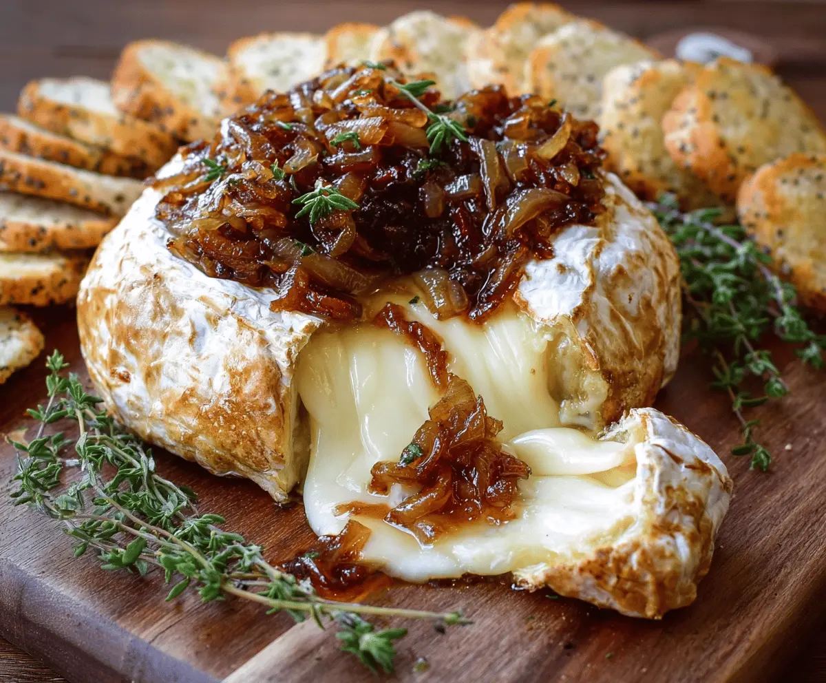 Delicious baked Brie topped with sweet caramelized onions, perfect as an appetizer.