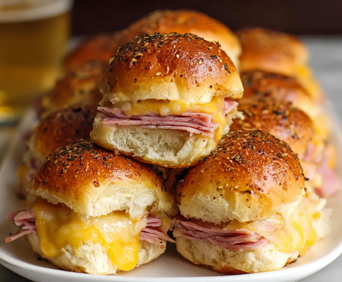 Delicious baked ham and cheese sliders served hot, perfect for sandwiches or parties.