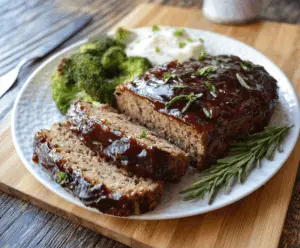 Delicious Balsamic Glazed Meatloaf served on a white plate with fresh herbs.