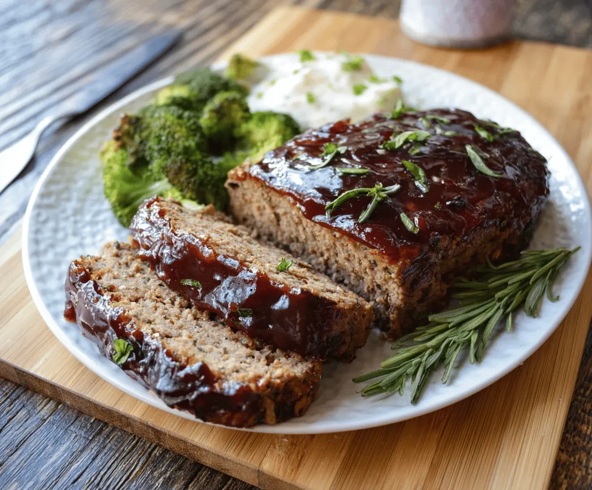 Delicious Balsamic Glazed Meatloaf served on a white plate with fresh herbs.