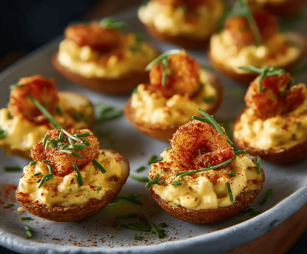 Bayou-inspired deviled eggs garnished with fresh herbs and spicy seasoning for a flavorful appetizer.