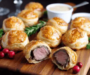 Delicious Beef Wellington Bites with golden puff pastry and tender beef filling on a rustic plate.