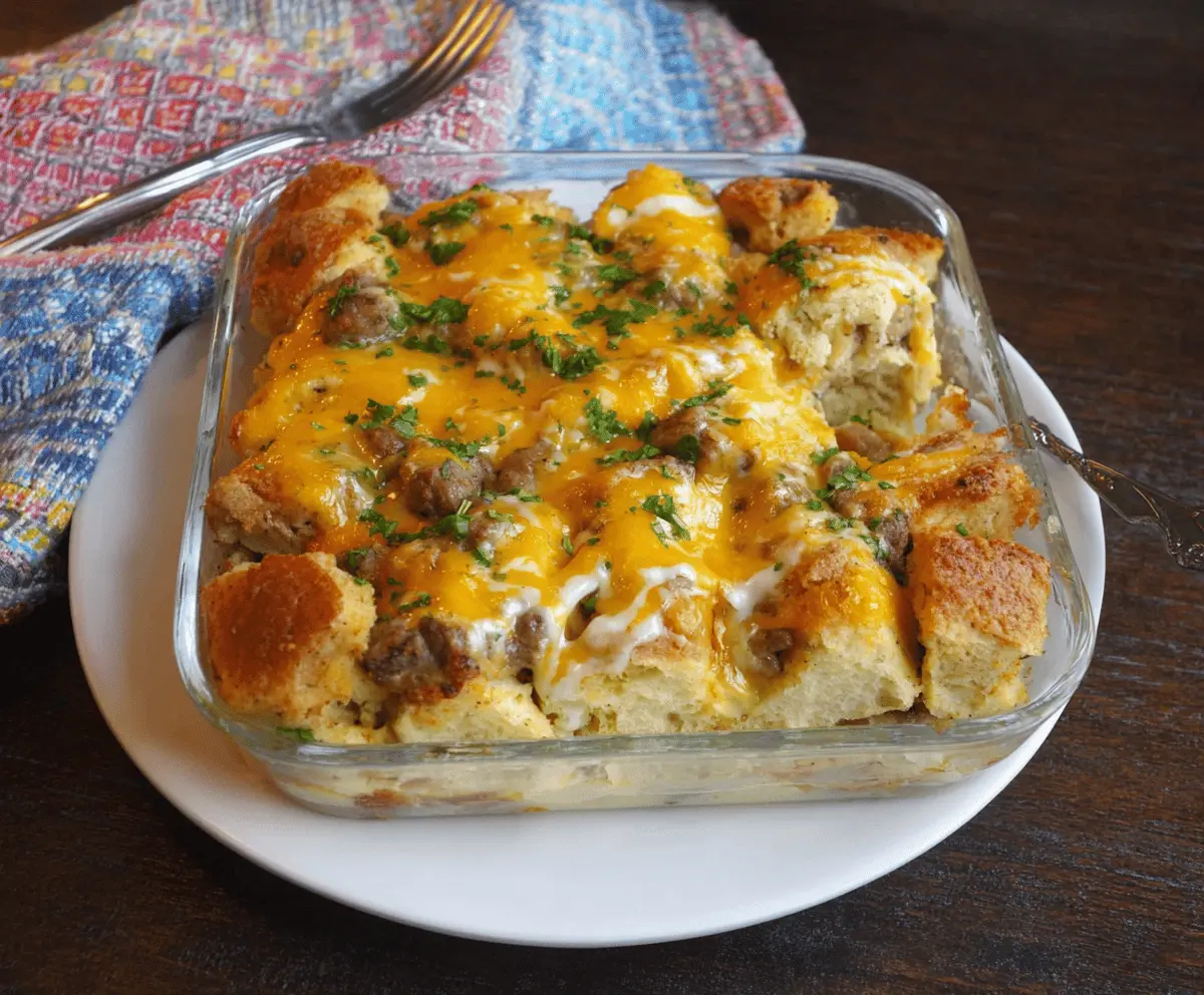 Delicious Biscuits and Gravy Breakfast Casserole served hot on a plate for a hearty morning meal.