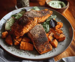 Delicious blackened salmon fillet served with roasted sweet potatoes, perfect for a healthy dinner.