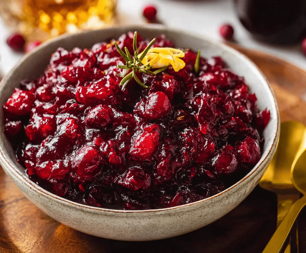 Homemade bourbon cranberry sauce served in a glass bowl, perfect for holiday desserts.