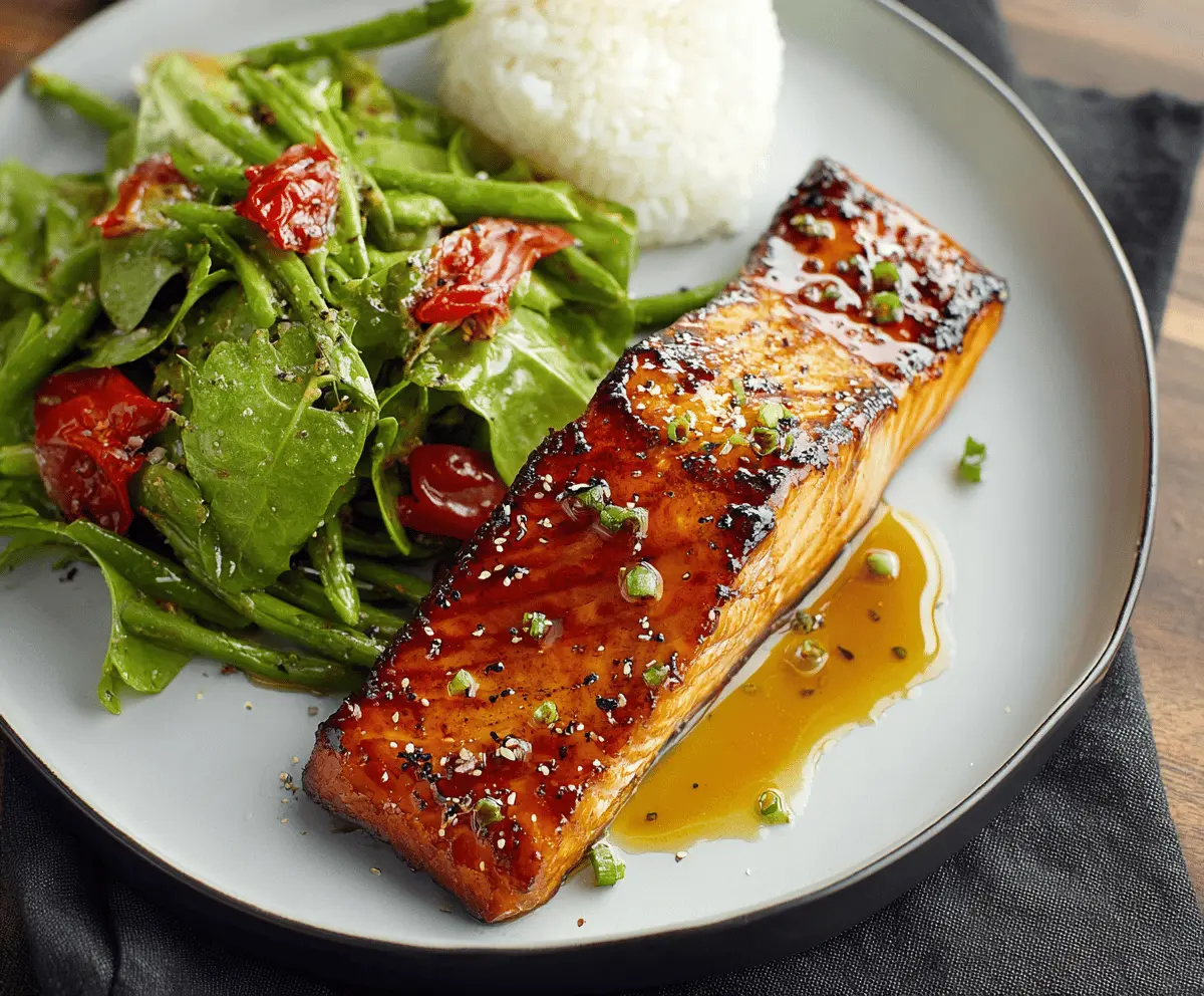 Delicious Brown Sugar Glazed Salmon served with lemon and herbs on a white plate.