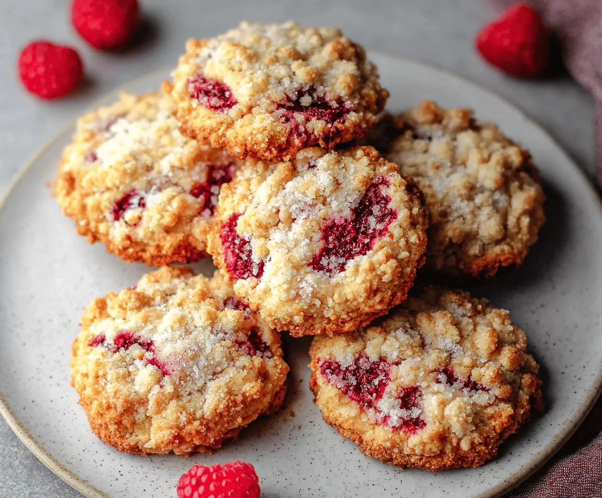 Delicious buttery raspberry crumble cookies with a golden crust and fresh raspberry filling.