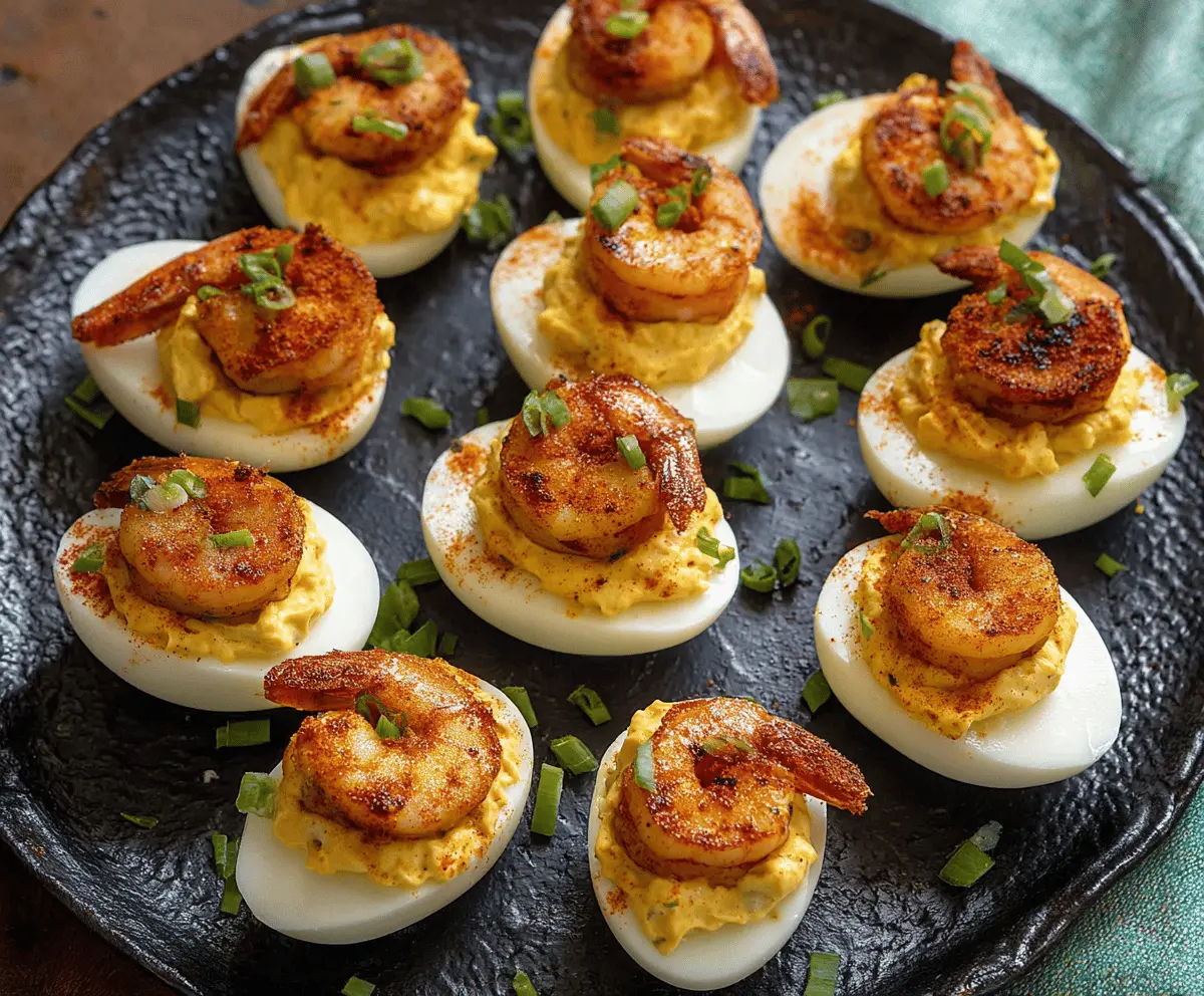 Creamy Cajun Shrimp Deviled Eggs garnished with fresh herbs, perfect for appetizers or party platters.