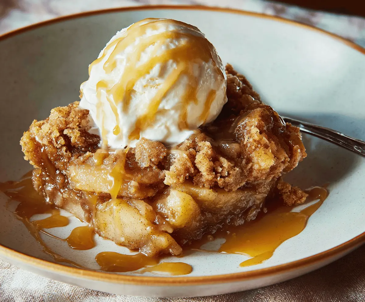 Delicious caramel apple dump cake topped with caramel sauce and chopped nuts, served warm.