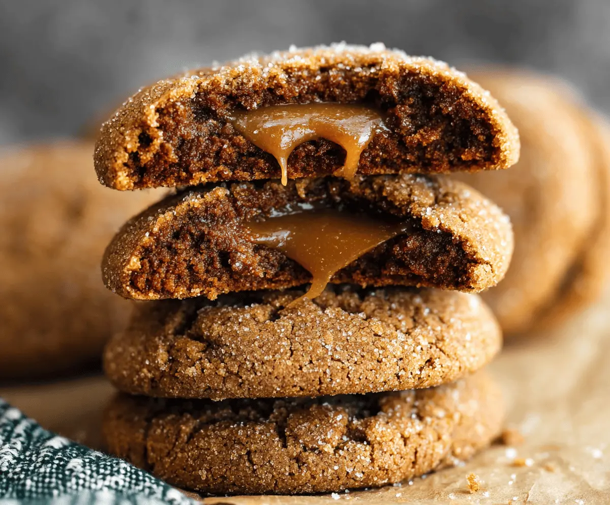 Delicious caramel-stuffed gingerbread cookies with a golden-brown exterior and gooey caramel filling