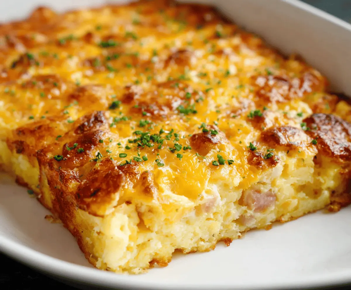 Delicious Cheesy Hashbrown Egg Casserole with melted cheese and crispy hashbrowns served on a plate.