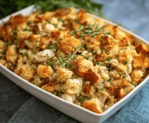 Delicious chicken and stuffing casserole in a baking dish, topped with golden-brown breadcrumbs.
