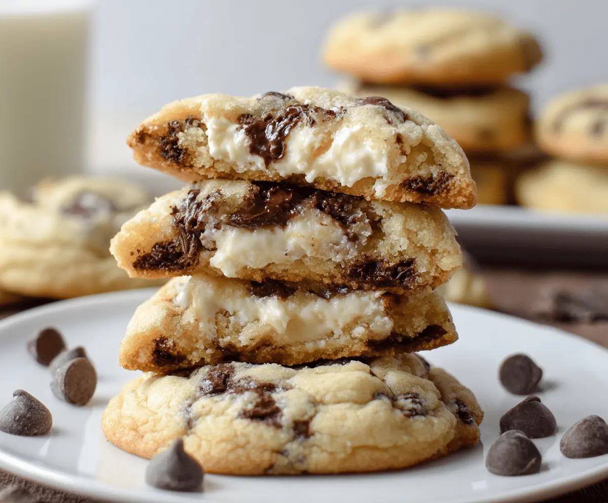 Delicious chocolate chip cheesecake cookies with a rich, creamy texture and gooey chocolate chips.