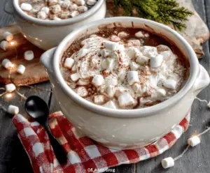Warm and creamy Christmas Eve Crockpot Hot Chocolate served in a festive mug with whipped cream topping.