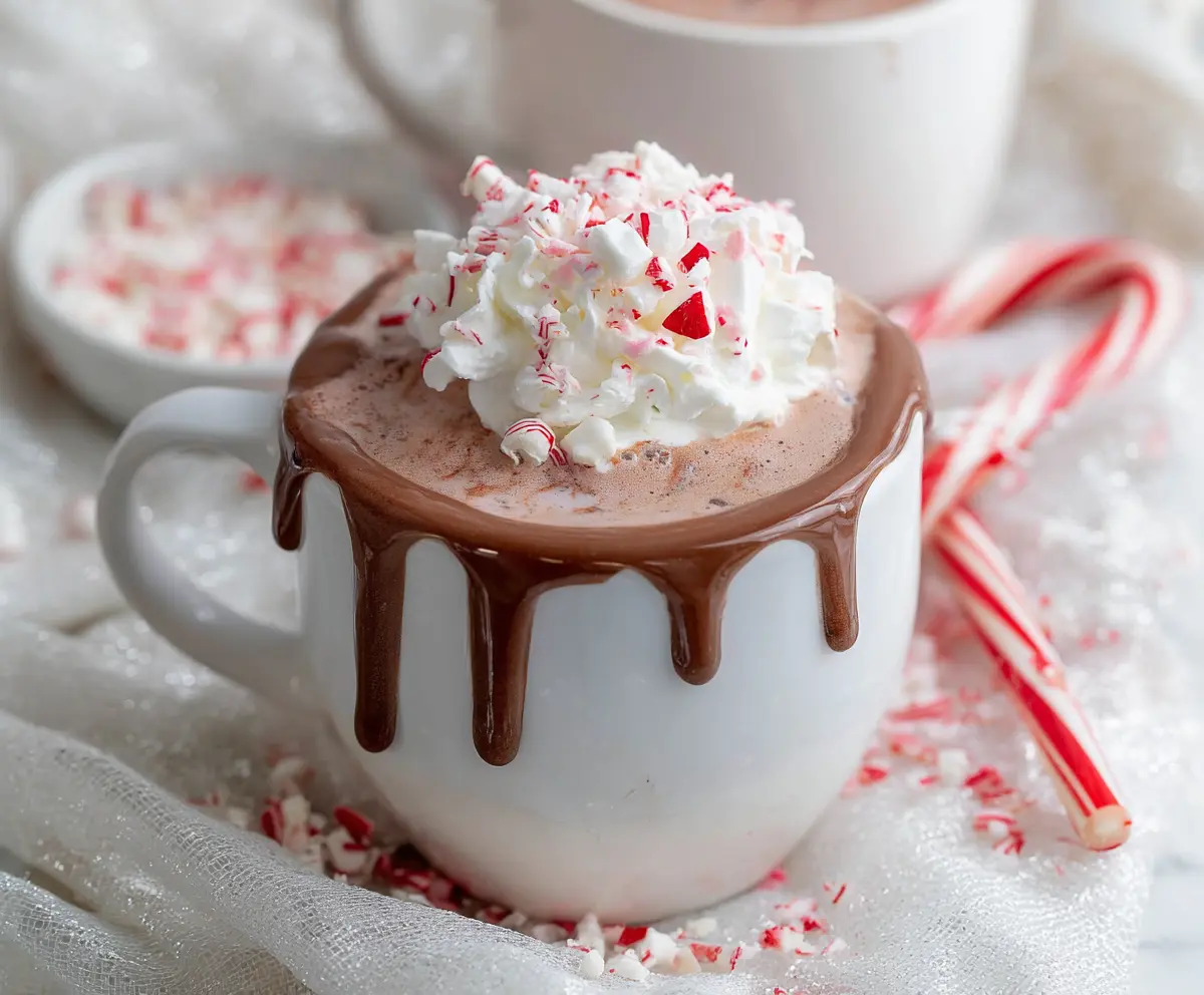 A festive cup of Christmas peppermint hot chocolate topped with whipped cream and peppermint candies.