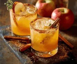 Refreshing Cinnamon Apple Cider Margarita with cinnamon sticks and apple slices garnish