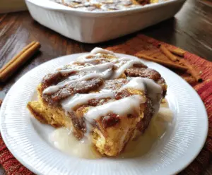 Delicious Cinnamon Roll French Toast Casserole topped with icing and cinnamon for a sweet breakfast treat.