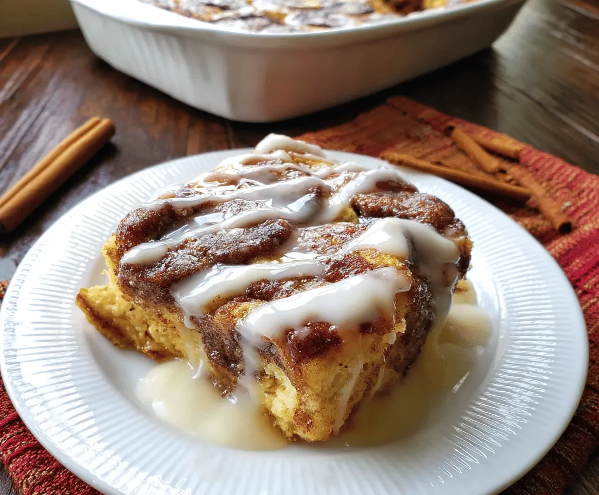 Delicious Cinnamon Roll French Toast Casserole topped with icing and cinnamon for a sweet breakfast treat.