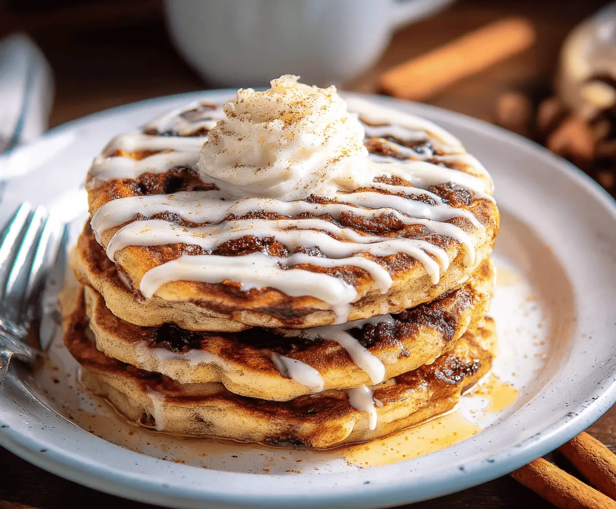 Delicious cinnamon roll pancakes topped with creamy frosting and cinnamon swirls, perfect for breakfast.