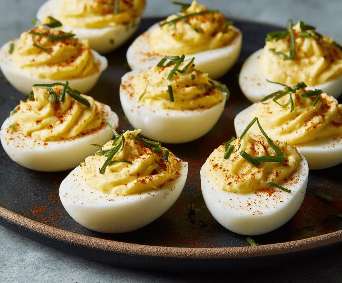 Delicious classic deviled eggs garnished with paprika on a white plate.