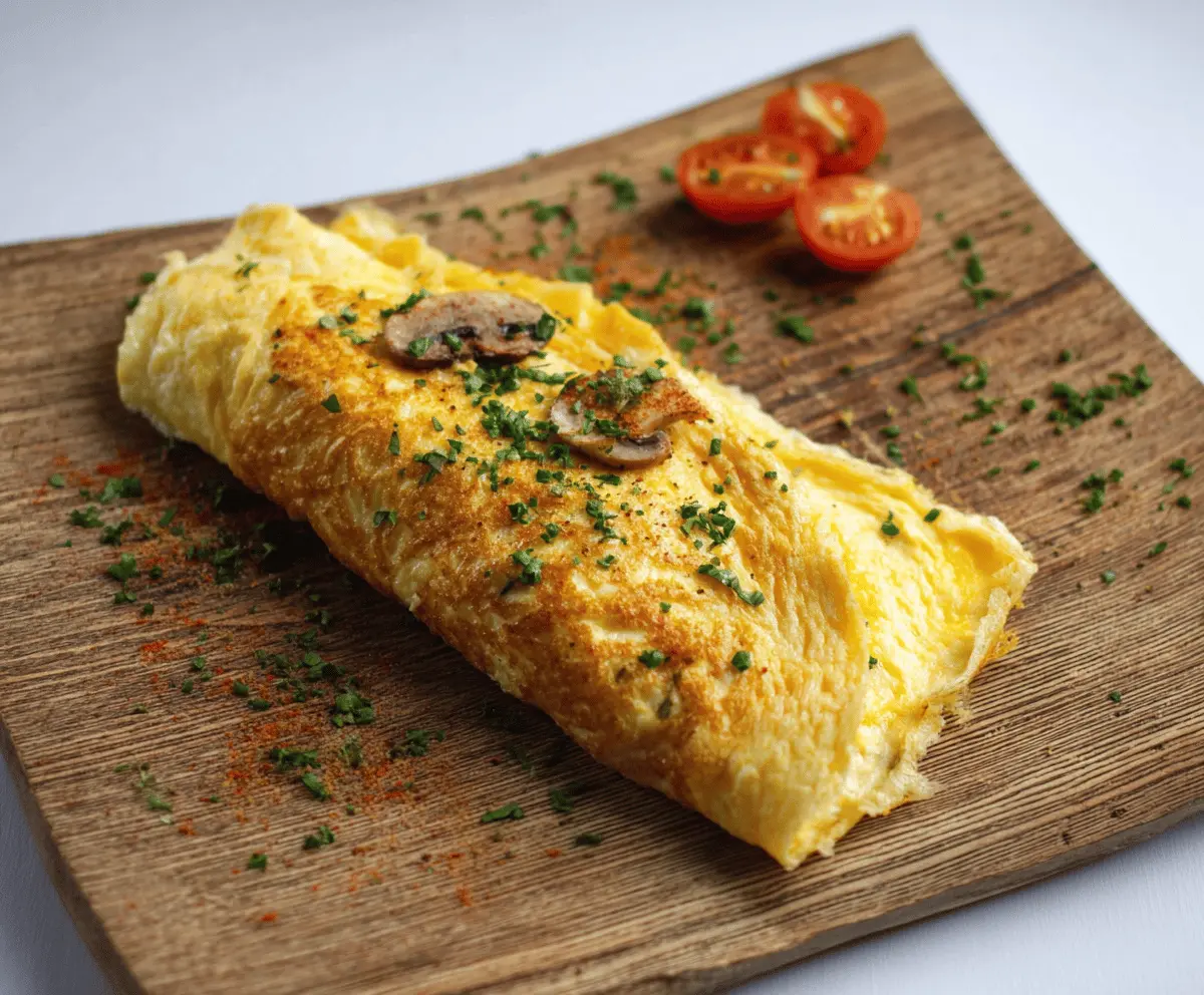 Delicious classic omelet filled with cheese and fresh vegetables on a white plate.