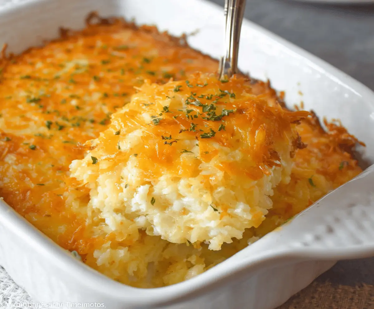 Delicious Cracker Barrel Hashbrown Casserole topped with cheese and crispy potatoes.
