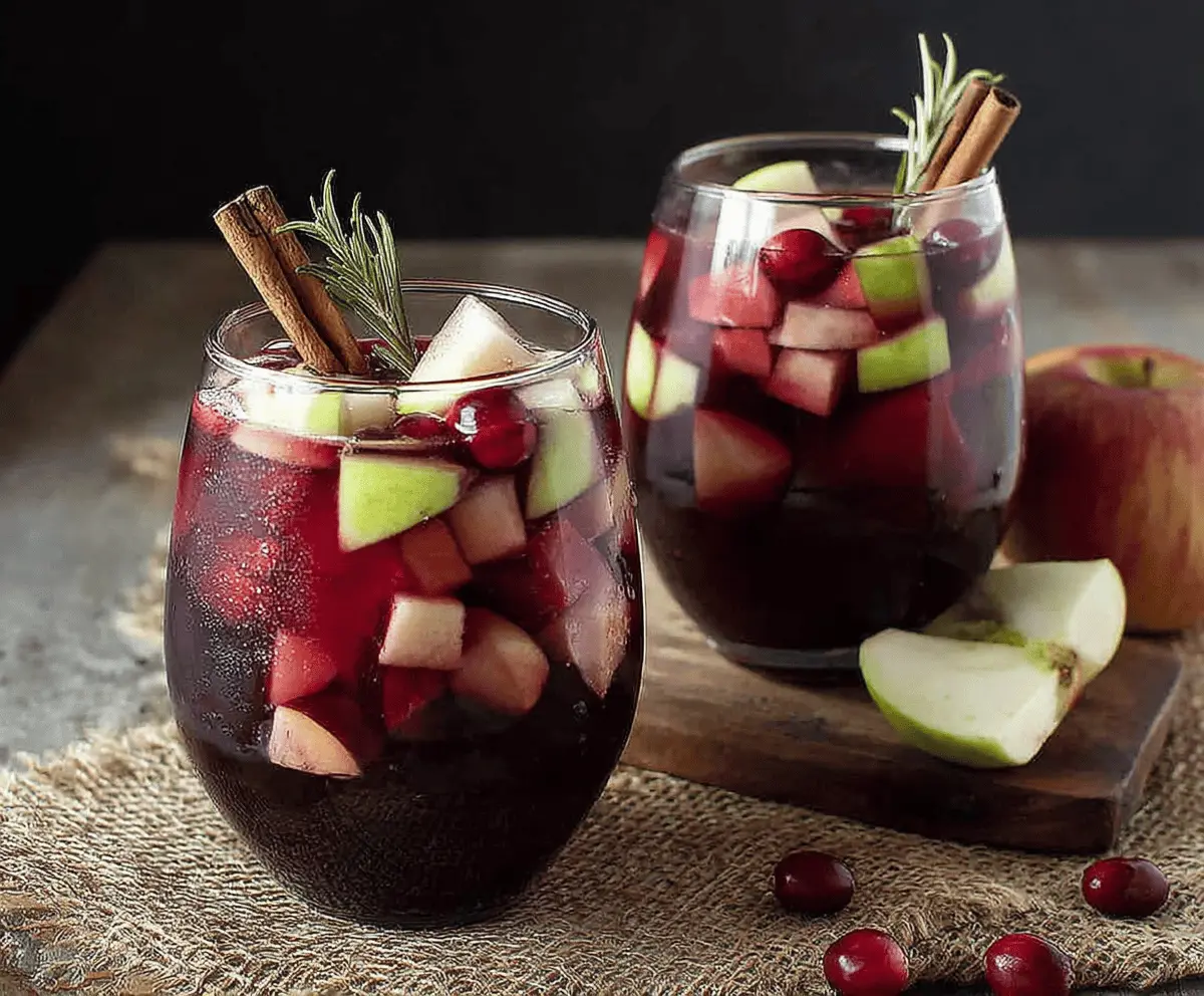 Bright and refreshing Cranberry Apple Cider Sangria served in a glass with fresh cranberries and apple slices.