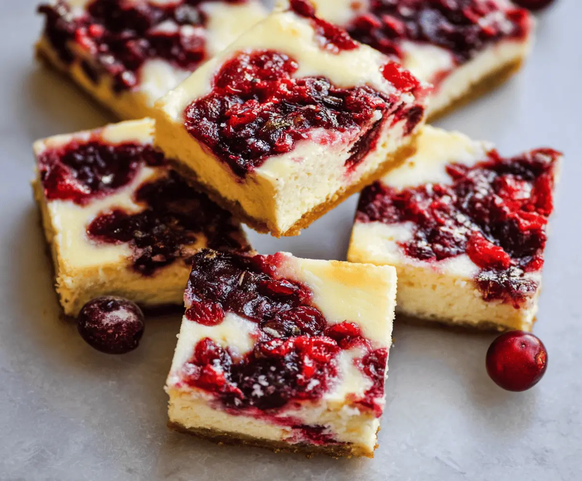 Delicious cranberry cheesecake bars with a creamy filling and a fresh cranberry topping.