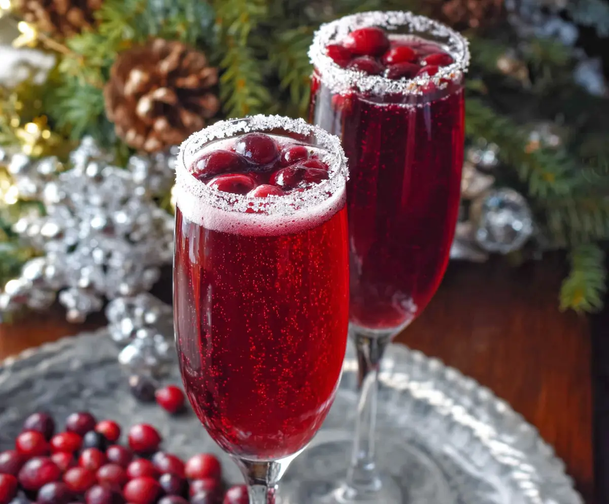 Festive cranberry Christmas mimosa with fresh cranberries and orange slices in a champagne glass