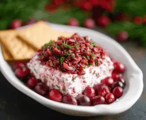Creamy cranberry jalapeño dip with fresh cranberries and chopped jalapeños in a serving bowl.