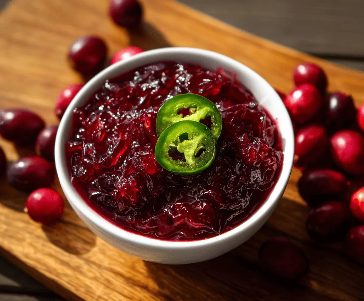 Bright red cranberry jalapeño sauce served in a bowl, perfect for holiday dishes and spicy appetizers.