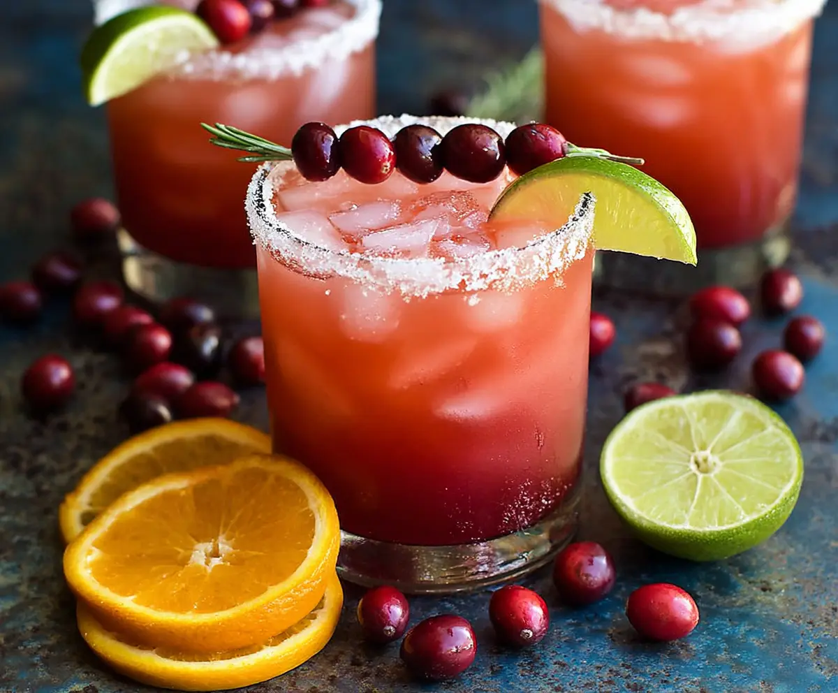 Refreshing Cranberry Orange Margarita served in a glass with fresh cranberries and orange slices.
