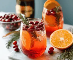 Refreshing Cranberry Orange Prosecco Cocktail served in a elegant glass garnished with fresh cranberries and orange slices.
