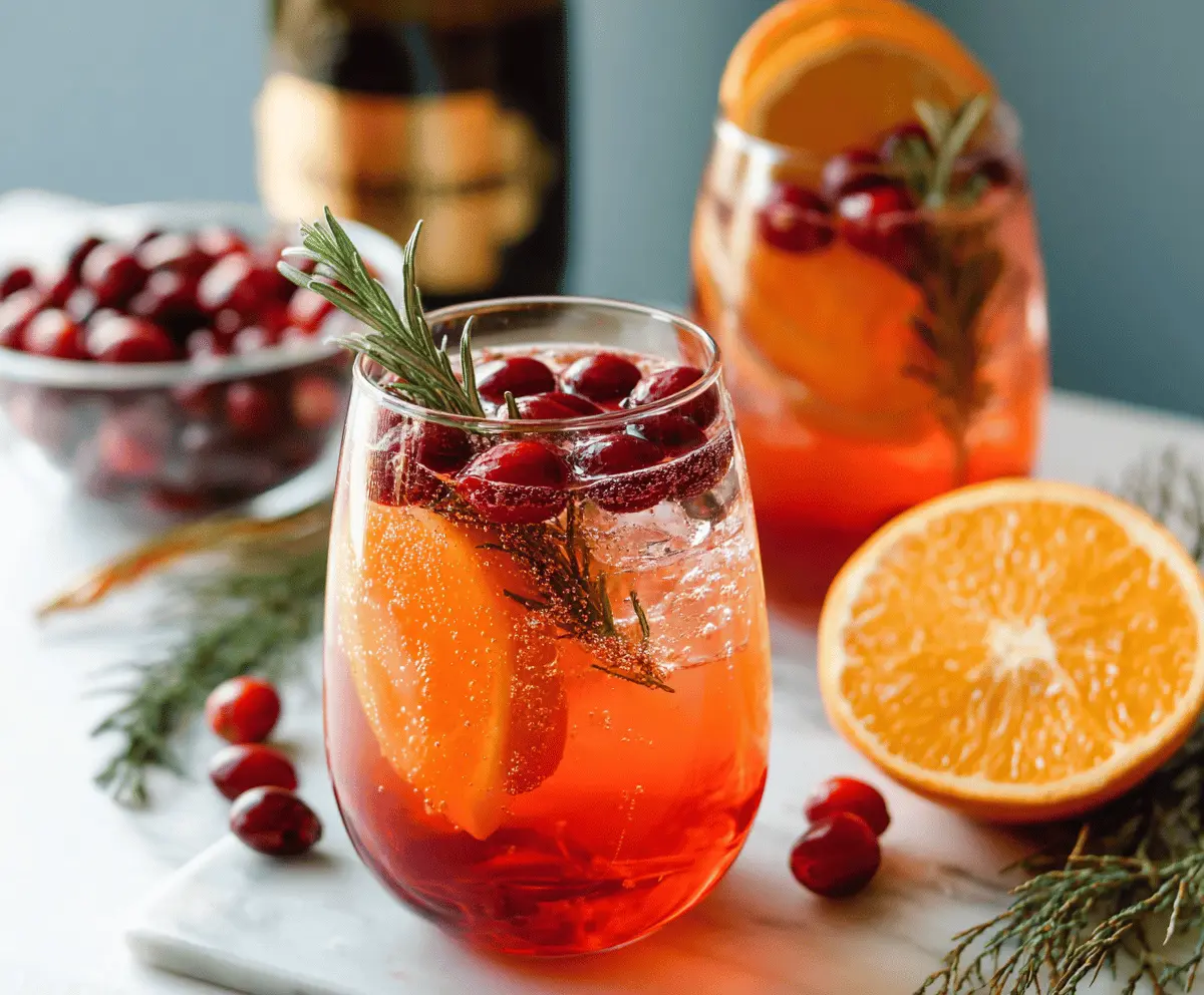 Refreshing Cranberry Orange Prosecco Cocktail served in a elegant glass garnished with fresh cranberries and orange slices.